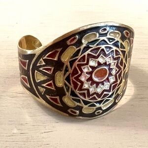 Brass Enamel Cuff Bracelet Sunburst Vintage Painted Wrist Bracelet Made in India